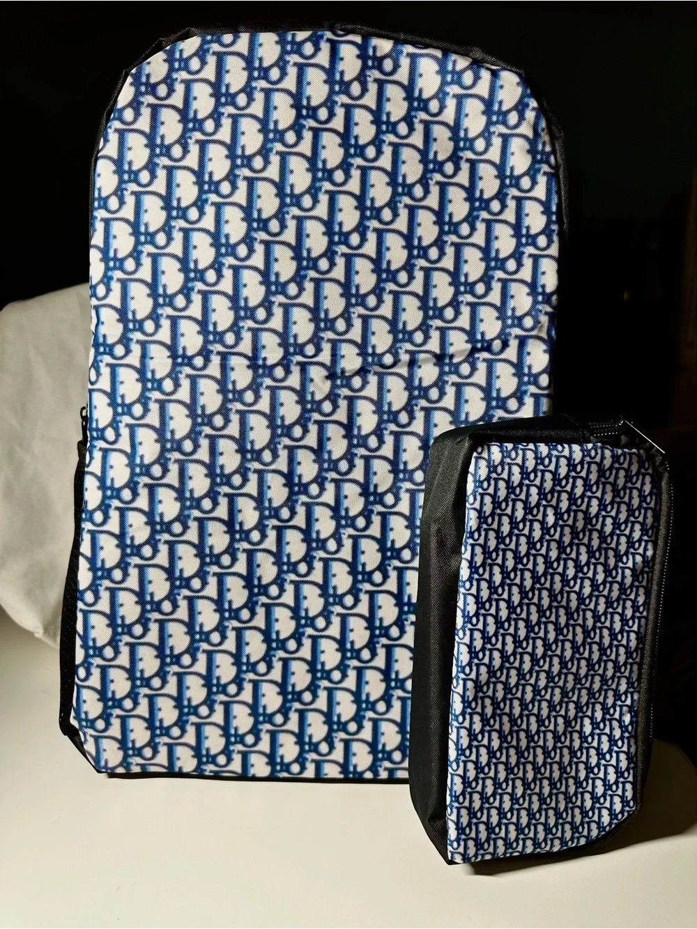 Designer-Inspired Blue Monogram Men’s Backpack & Pouch/Pencil case Set NWOT